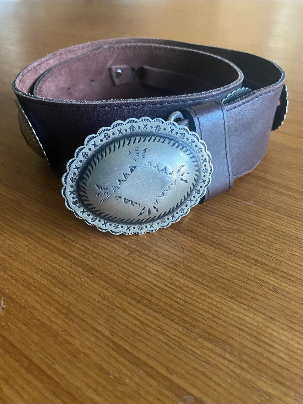 Vintage Brown Leather Belt with Decorative Metal Conchos Concho Buckle